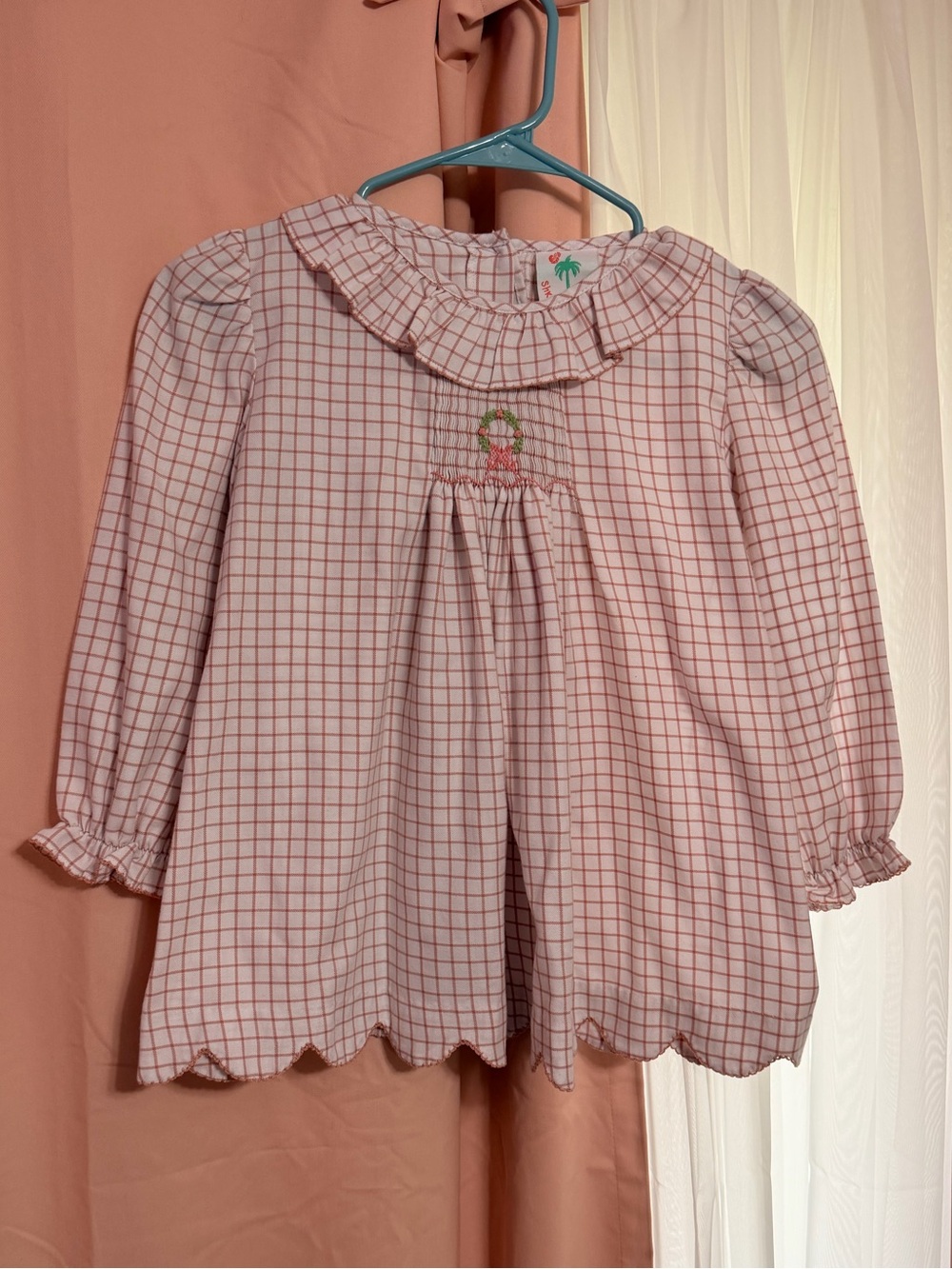 Pink Grid Long-Sleeve Smocked Baby Top by